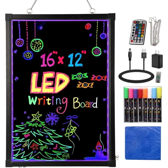 Writing Board 16"x12", Illuminated Erasable Neon Message Sign with 8 Fluorescent Markers & 26 Flashing Modes, Light Up Menu Board for Restaurant, Bar, Cafe, Shop