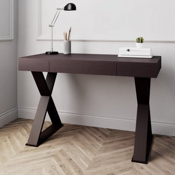 Writing Computer Desk, 48 inch Modern Study Table, Makeup Vanity Wooden Console Table with Storage Drawers & Strong X Legs(Espresso)