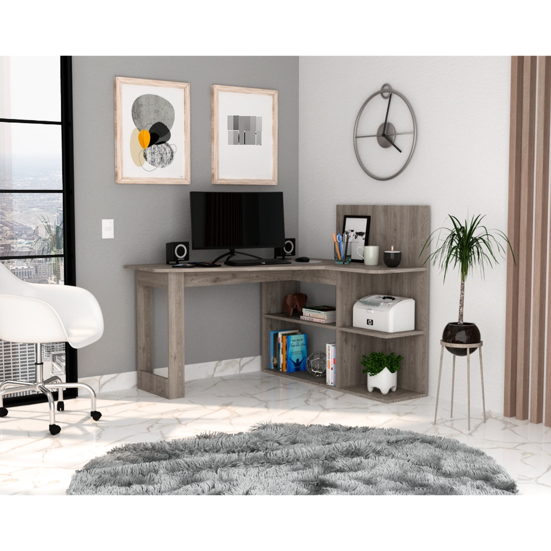 Writing Computer Desk In Gray With Five Open Shelves, L-shaped Right ...
