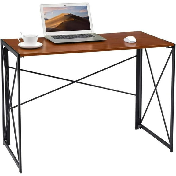 Writing Computer Desk Modern Simple Study Desk Industrial Style Folding Laptop Table for Home Office Notebook Desk Walnut Brown Desktop Black Frame…