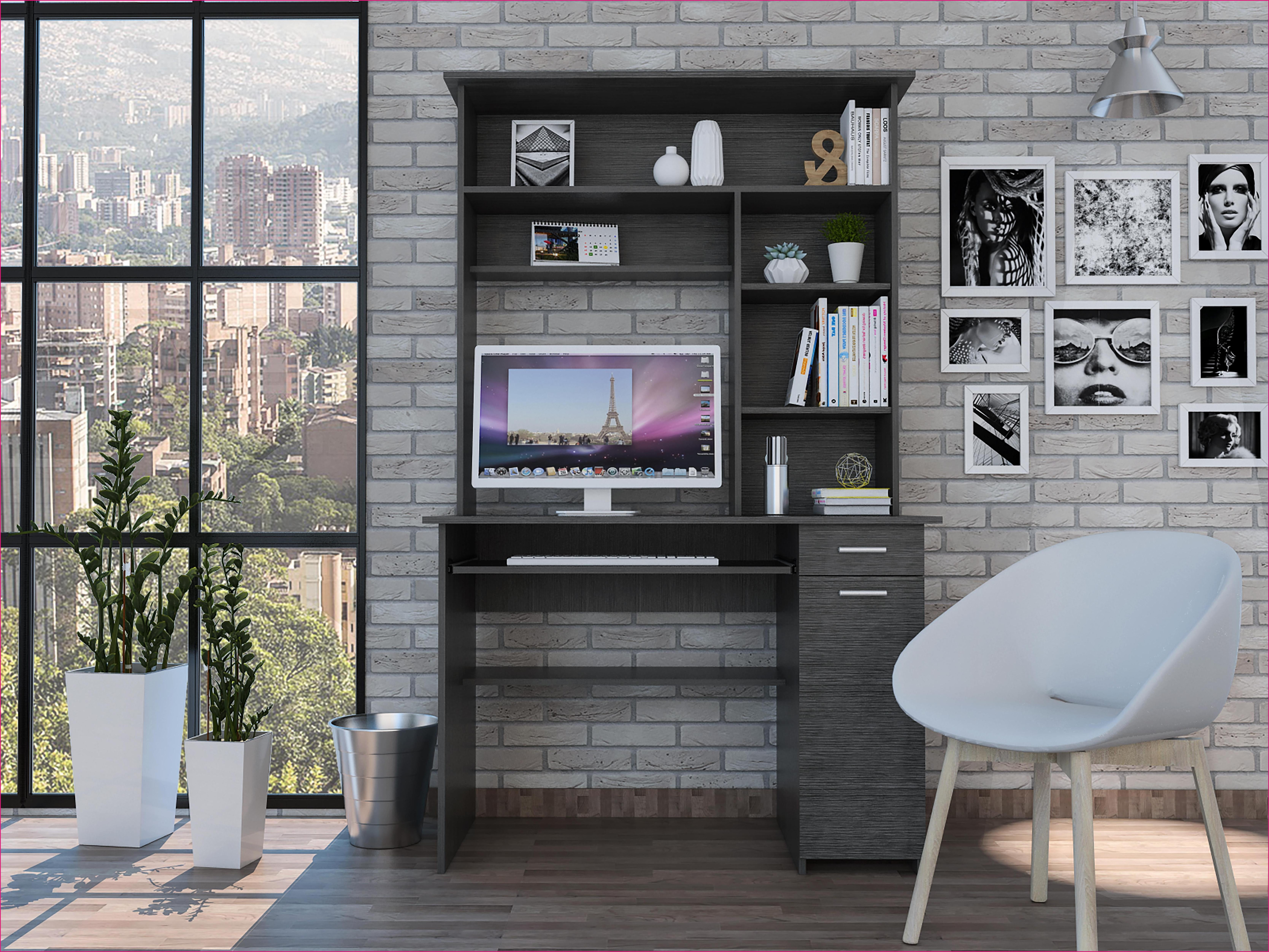 Desks: Weston Two Writing Computer Desk with Hutch, Drawer, Cabinet & 6 Shelves | 43.3"W x 22.9"D | Particle Board
