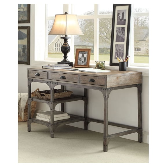 Writing Desk, 3 Drawer Computer Desk with Storage, Weathered Oak & Antique Silver
