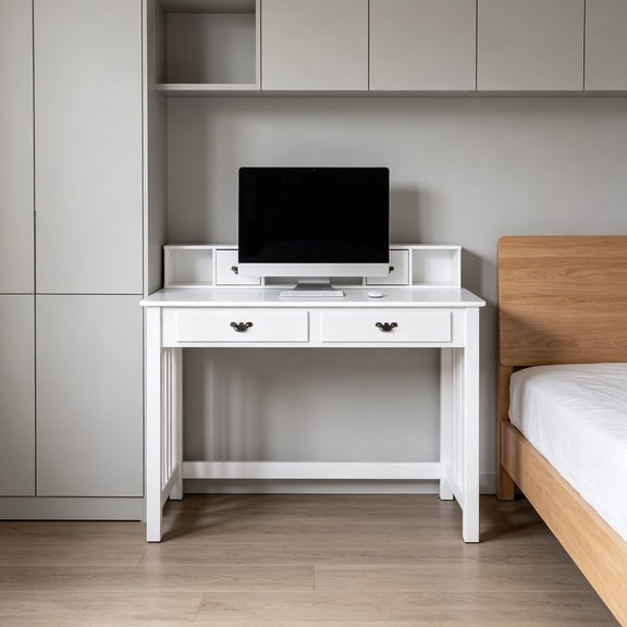 Writing Desk with 4 Drawers Computer Study Table, Removable Floating Organizer, 2-Tier Spacious Workstation, Home Office Desk Console Table White Vanity Desk