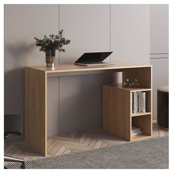 Writing Desk 47 Inch, Home Office Desk with 4 Shelves, Natural Oak Gamer Desk for Living Room, Compact Study Table with Storage
