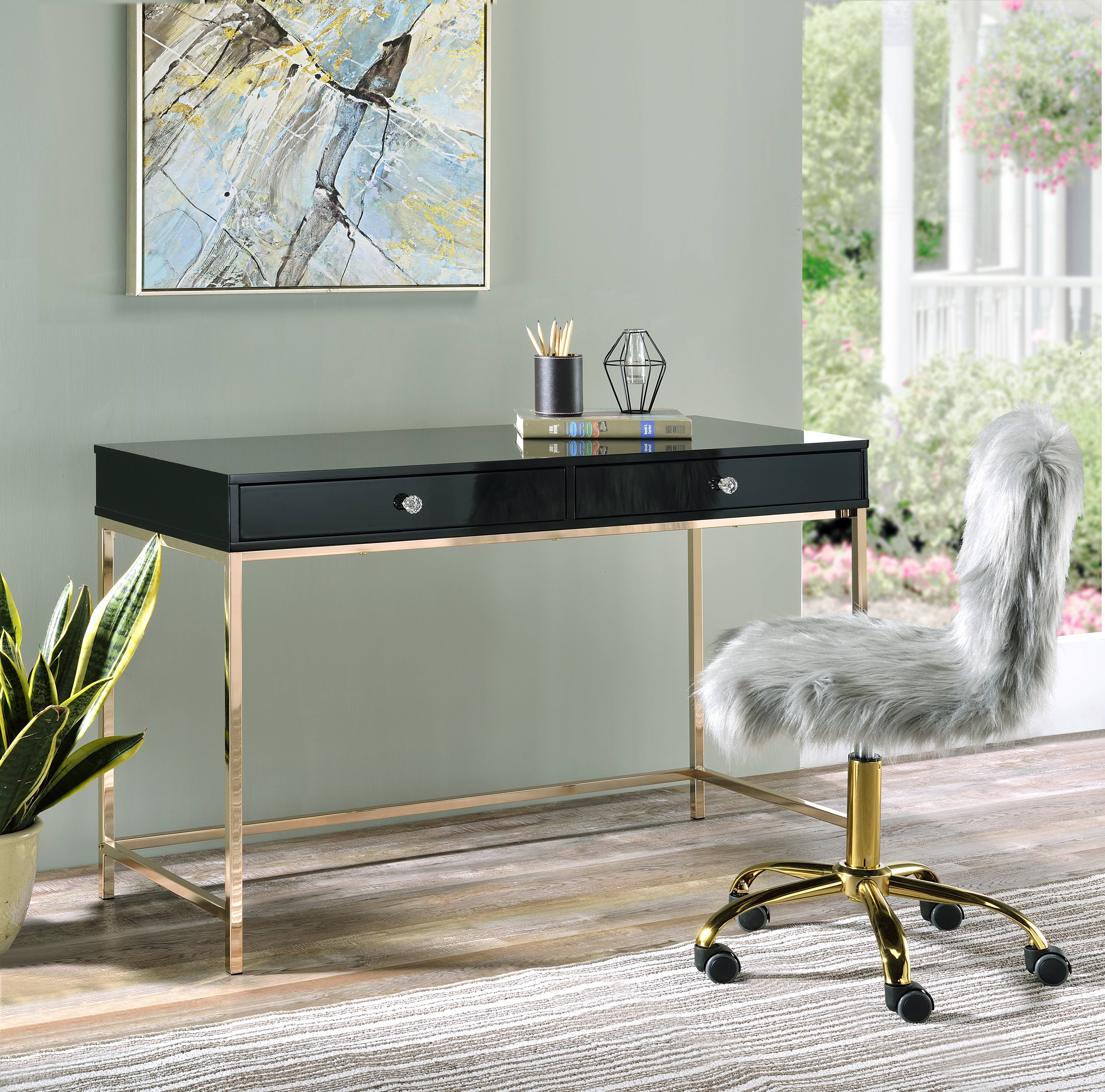 Writing Desk, Black High Gloss & Gold Finish