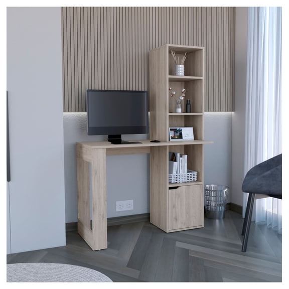 Writing Desk with Bookcase & Cabinet, Home Office Desk with Storage, Computer Desk with Shelves - 38.7" Wide, Modern Study Desk with Hutch, White/Gray/Black