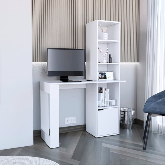 Writing Desk With Bookcase And Cabinet In White - Interlocking For Quick Assembly Pre-drilled Holes Precise Joinery Clear Instructions Provided Particle Board & Effortless Build Precisely Drilled