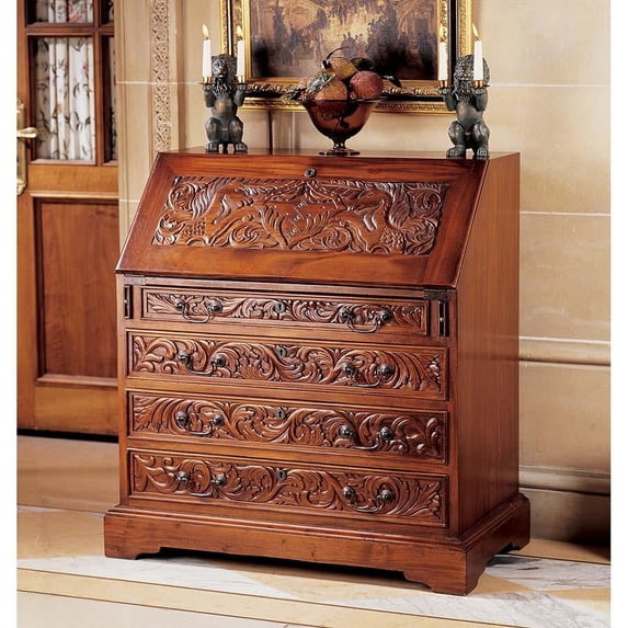 Writing Desk Chest Antique Replica Hand Carved Solid Mahogany Desk by Xoticbrands - Veronese (Medium)