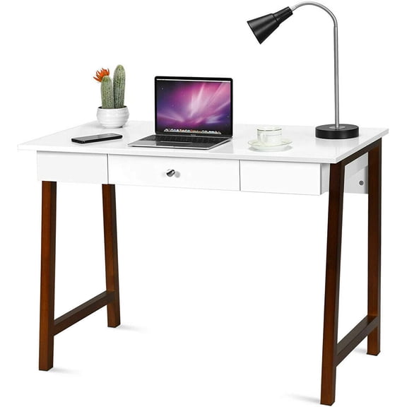 Writing Desk and Dresser, Multifunctional Table with One Big Drawer, MDF Desktop and Rubber Wooden Table Foot, Computer Desk for Home, Office and Study, Dressing Table, White & Coffee
