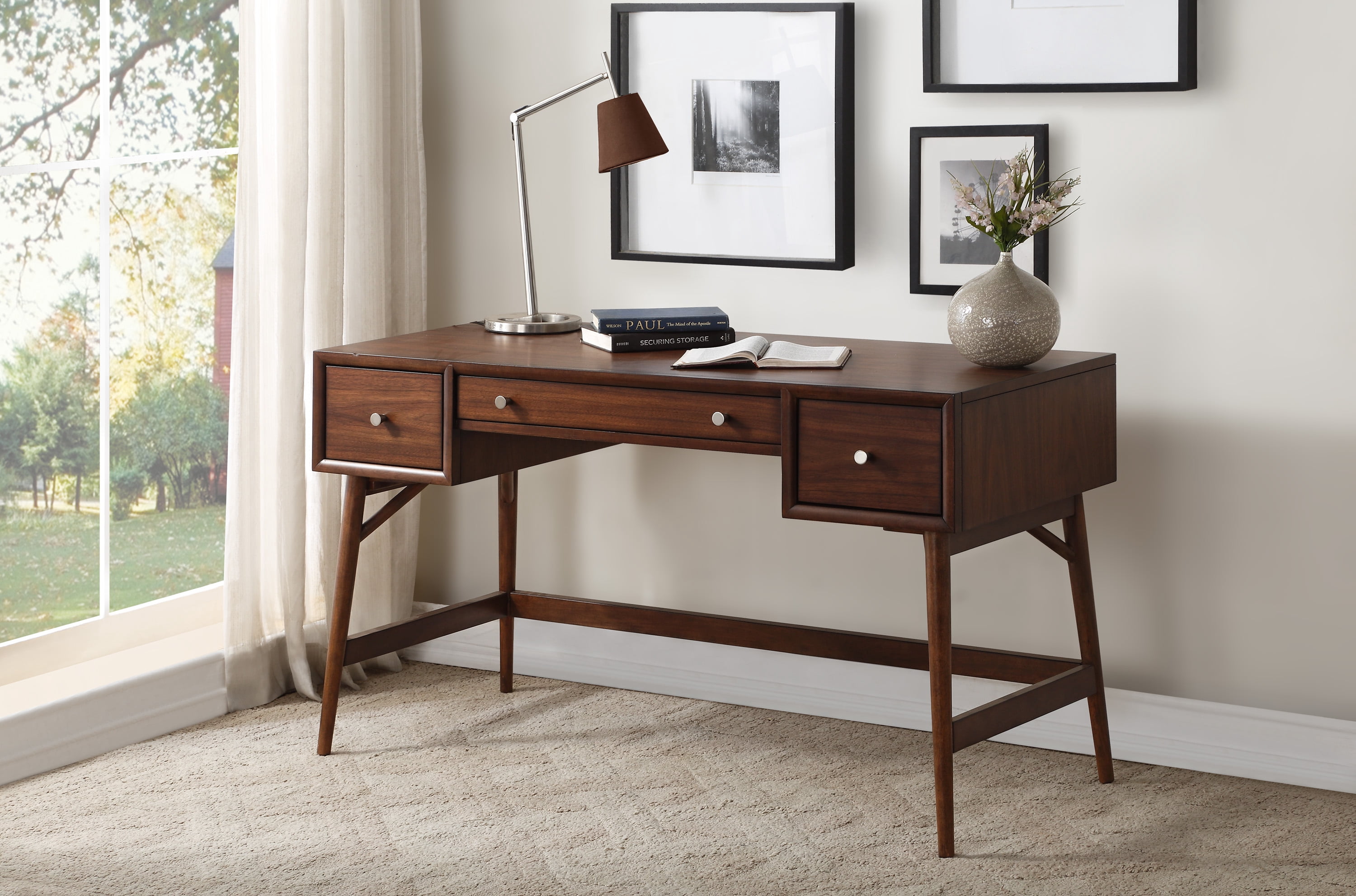 Writing Desk Storage Drawers Nickel Knob Hardware Walnut Veneer Wood Furniture