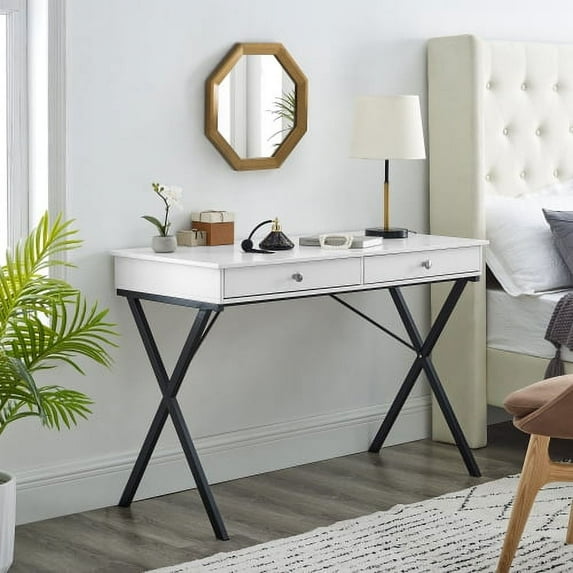 Writing Desk with Two Storage Drawers, Dressing Table with Unique X-Style Black Stoving Varnsih Steel Frame and MDF Table Top, Corner Desk for Living Room, Bedroom, Home Office, Dormitory, White