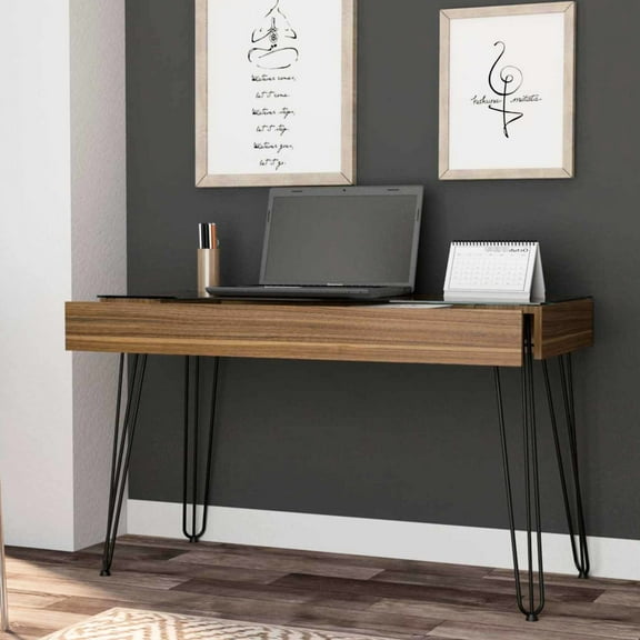 Writing Desk With Industrial Metal Support And Glass 1 Modern Top Legs