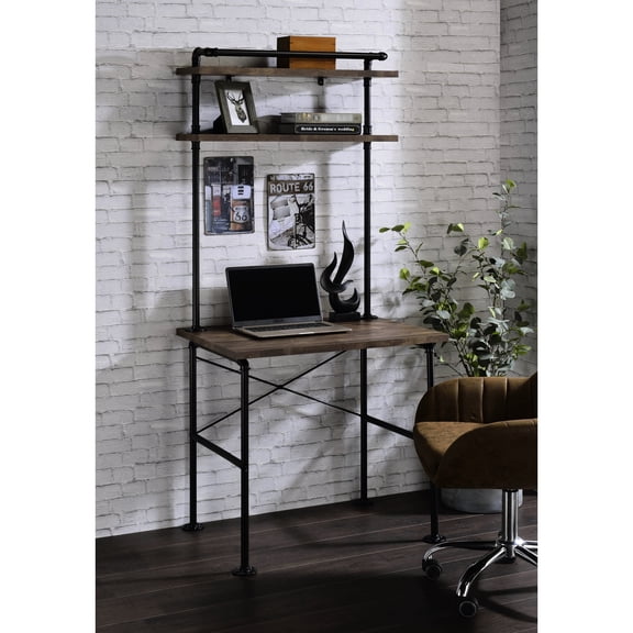 Writing Desk With Rustic Appeal And Functional Shelf Unit Spacious Finish Strong Metal Support