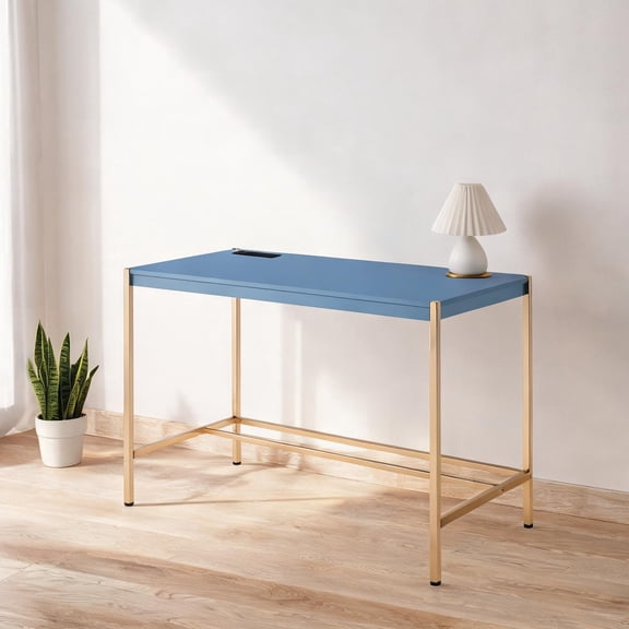 Writing Desk in Blue-Toned Wood and Metal with USB Ports, Compact Rectangular Work Surface