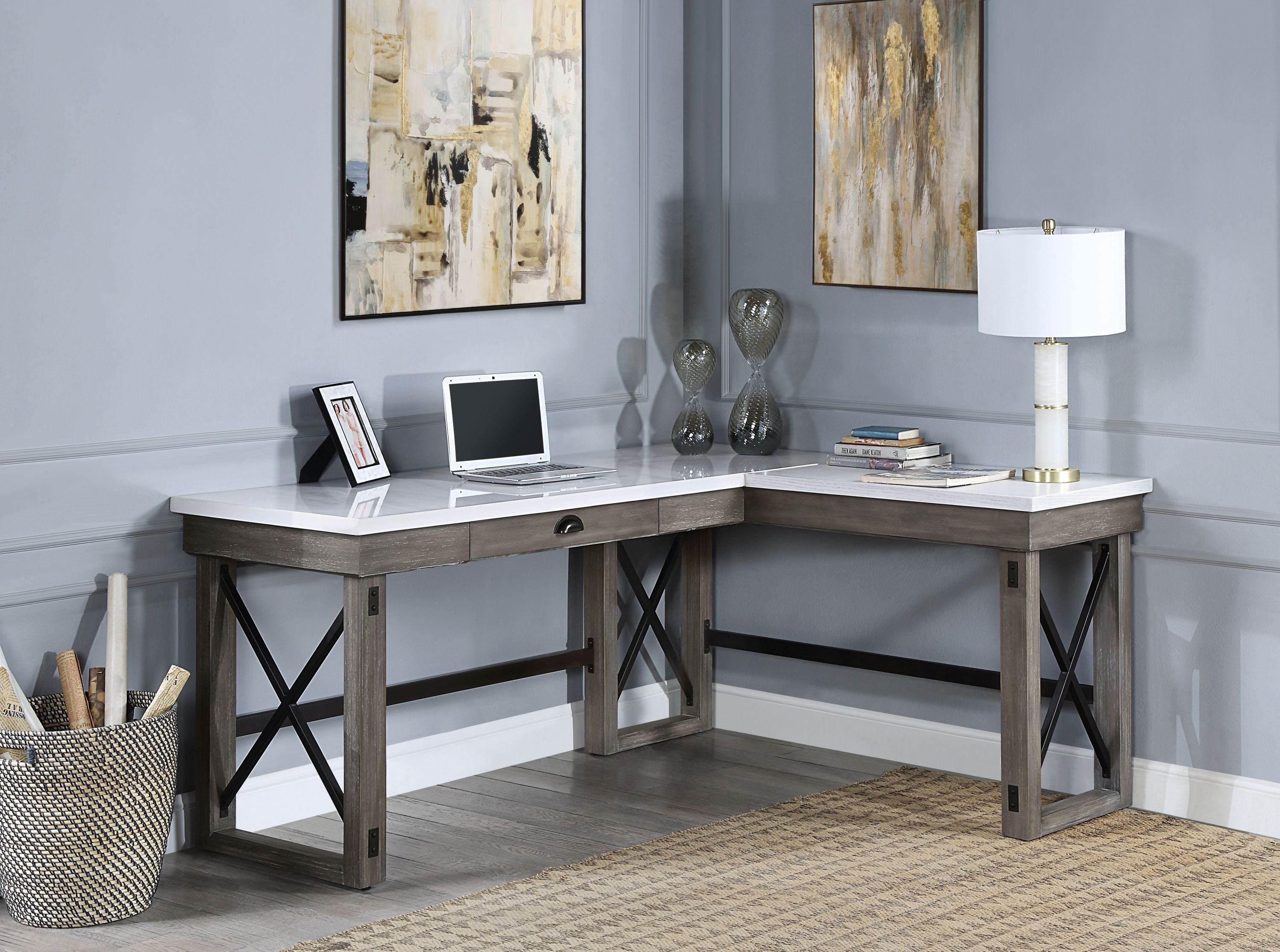 67" Weathered Gray Marble Top Corner Writing Desk with Drawer