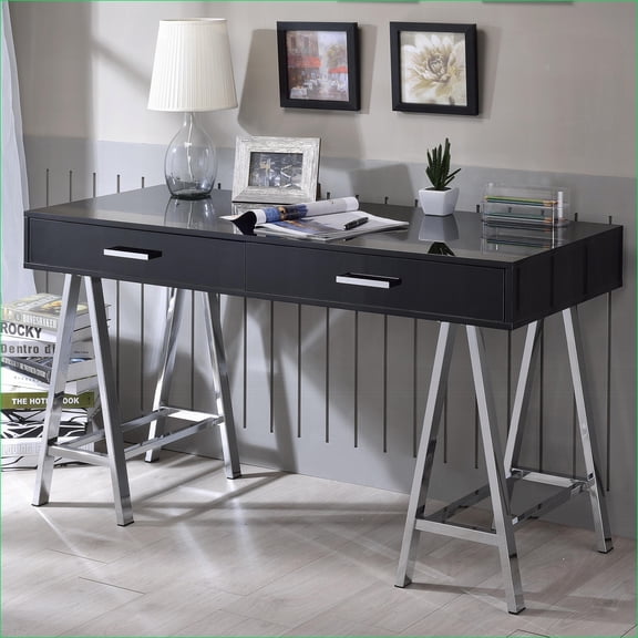 Writing Desk with 2 Drawers, Modern Black High Gloss & Chrome Metal, 54W x 22D x 32H Inches | Black+Silver | Wood+Metal