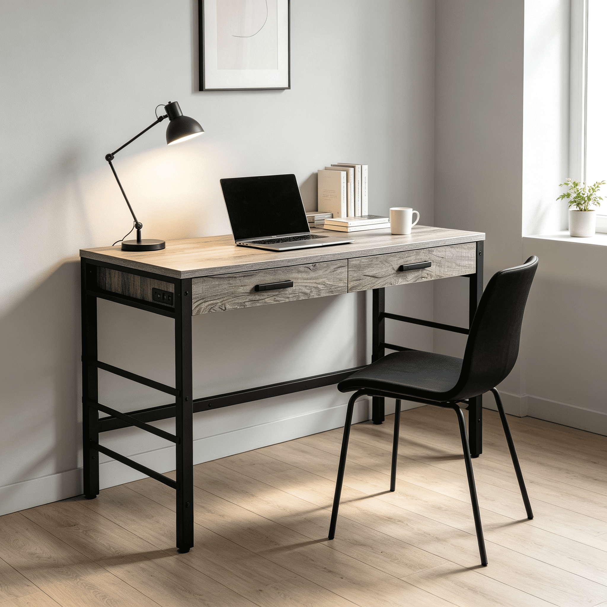 Writing Desk with 2 Drawers and USB Ports, 42 in Home Office Computer Desk, Metal Ladder Base, 30 in Tall