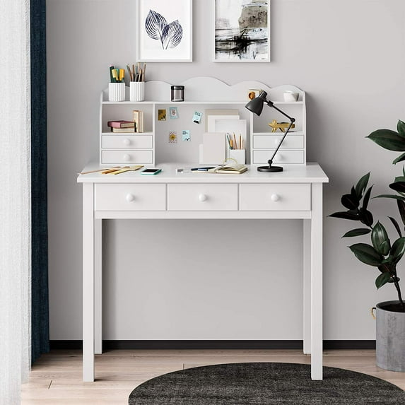 Writing Desk with 7 Drawers, Home Office Desk with Hutch,Student Desk Study Table,Solid Wood Legs,White