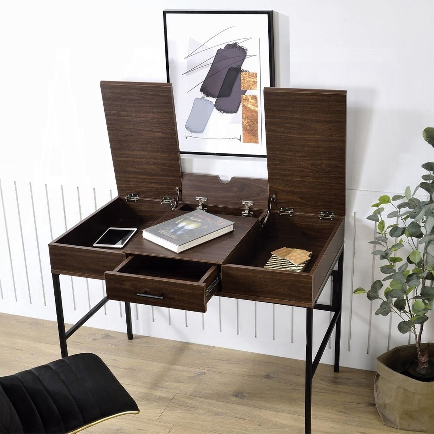 Writing Desk with Built-In USB Port and Plug, 1 Storage Drawer, 3/4 Extension Glide, Rectangular Industrial Office Desk, 42 in