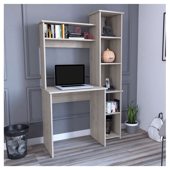 Writing Desk with Hutch & Shelves - Light Gray Home Office Desk with Bookcase, 5 Cubbies, Space Saving Computer Desk for Small Rooms, Study Table