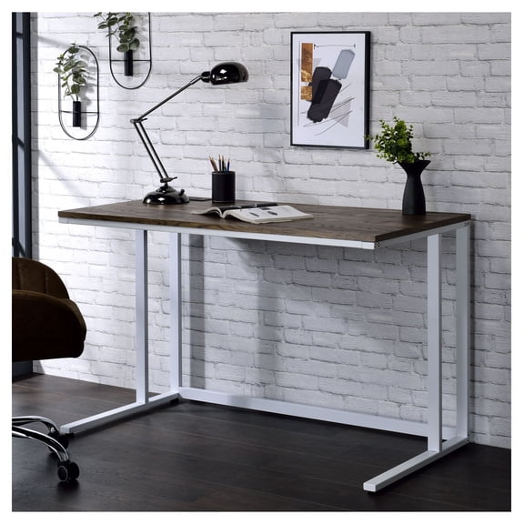 Writing Desk with USB Port, 47" Walnut & White Computer Desk, Home Office Study Table, KD Structure, Rectangular Workspace, Modern Design