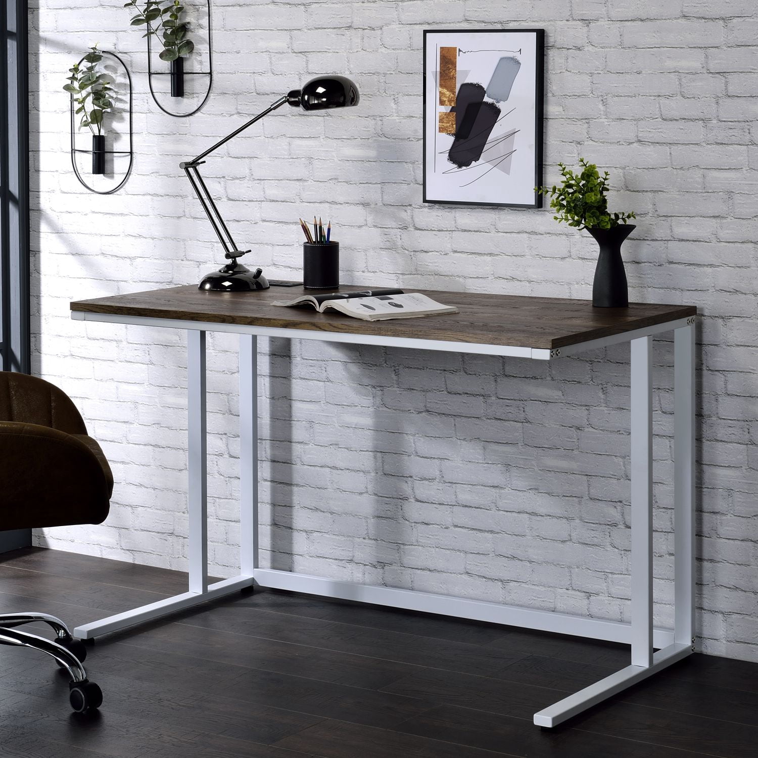 Writing Desk with USB Port and Plug, Rectangular Computer Desk with Keyboard Tray and Shelves, 47 in Work Surface for Home Office Study