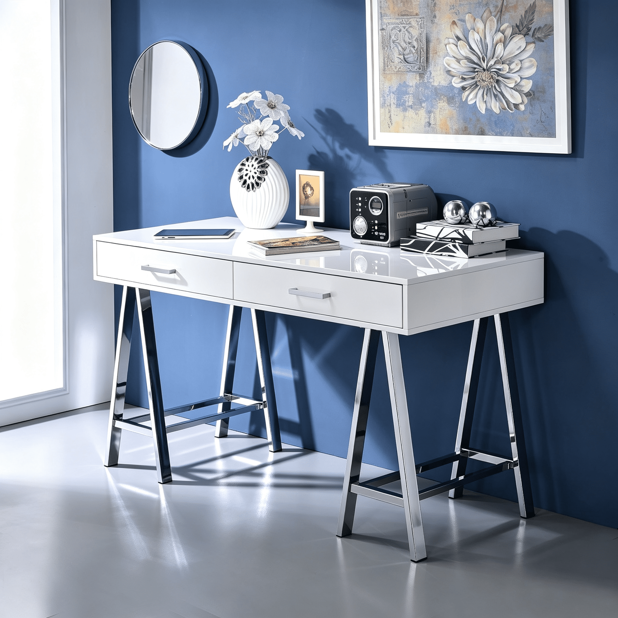 Writing Desk with USB Port and Two Storage Drawers, 54 in Rectangular Computer Desk with Metal Base for Home Office and Study