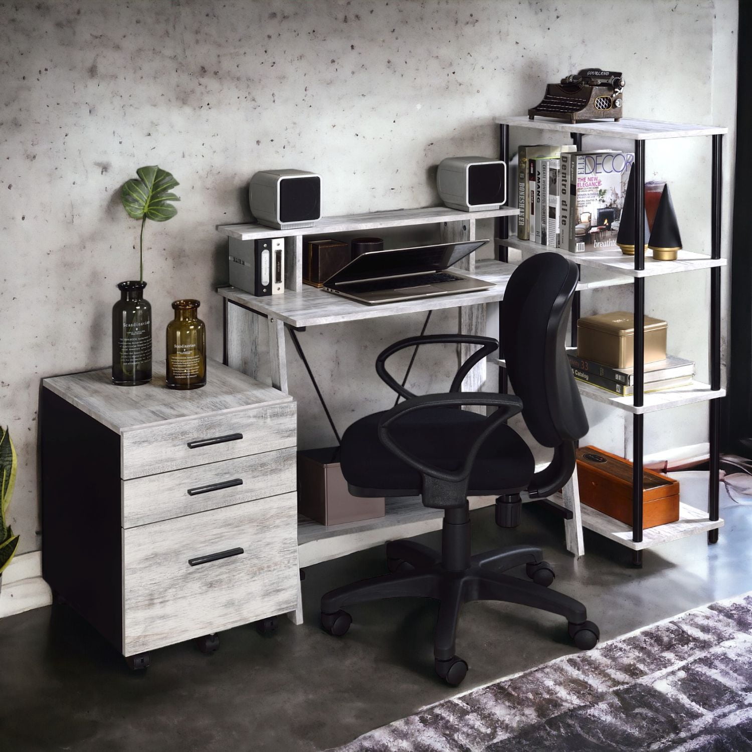 Writing Desk with Upper and Bottom Shelves, Rectangular Computer Desk for Home Office, 35.5 in High, Metal V-Shaped Backing