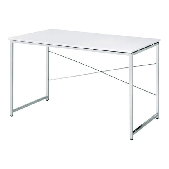 Mayo 47 Inch Rectangular Desk Console Table, Crossed Bars, White, Chrome
