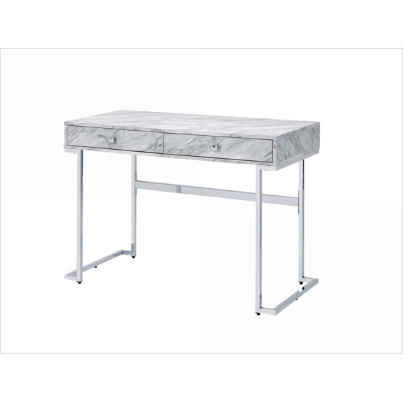 Writing Desks Modern White Faux Marble Top Chrome Finish with 2 Drawers | White | Faux Marble