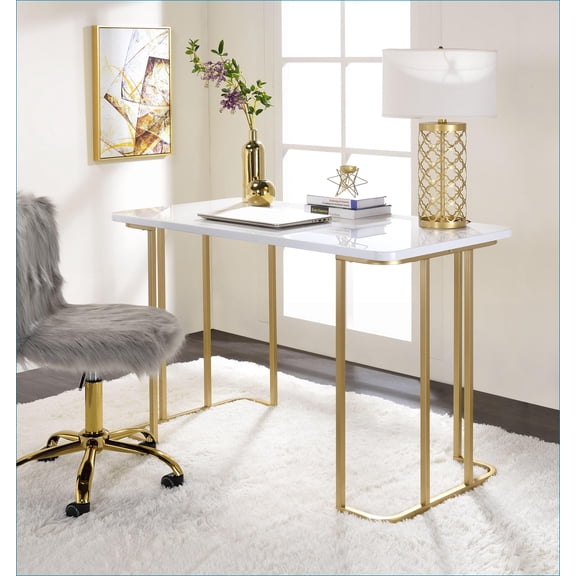 Desks White & Gold Writing Desk with Open Base, Metal Frame | Synthetic Wood | Gold