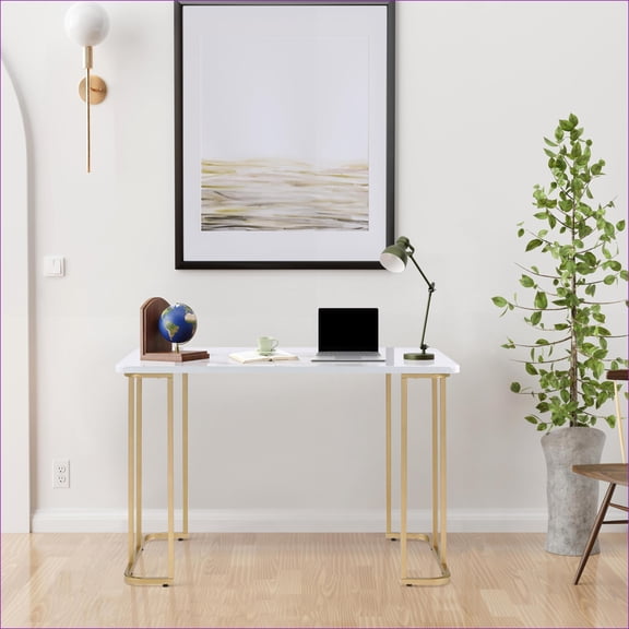 Writing Desks, Modern White & Gold Wood + Metal Desk with Open Base, 48.5W | White+Gold | Wood+Metal