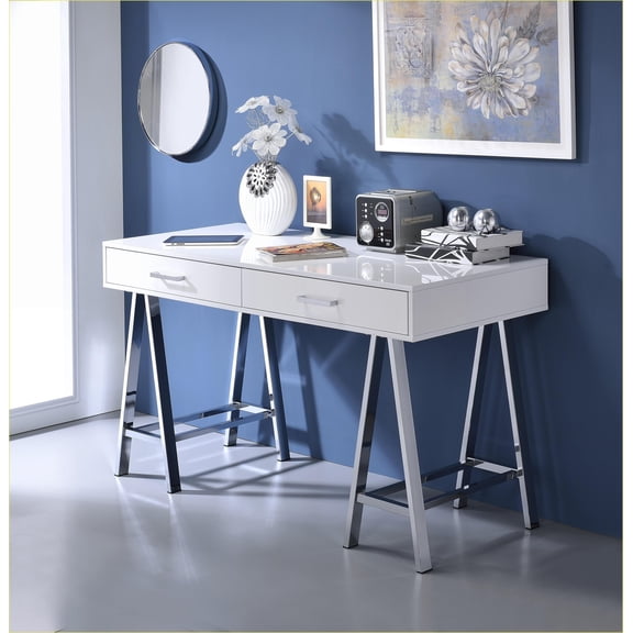 Writing Desk, Modern White High-Gloss with USB Port & 2 Drawers | Chrome Finish | White