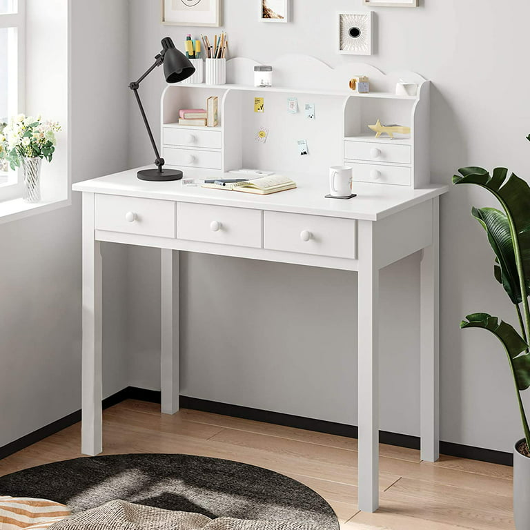 WiberWi Computer Desk with Drawers and Hutch, 43.3 inch White Home Office Desks  Small Makeup Vanity Desk Table with Storage for Small Spaces Bedroom,  Writing Desk Study Table 