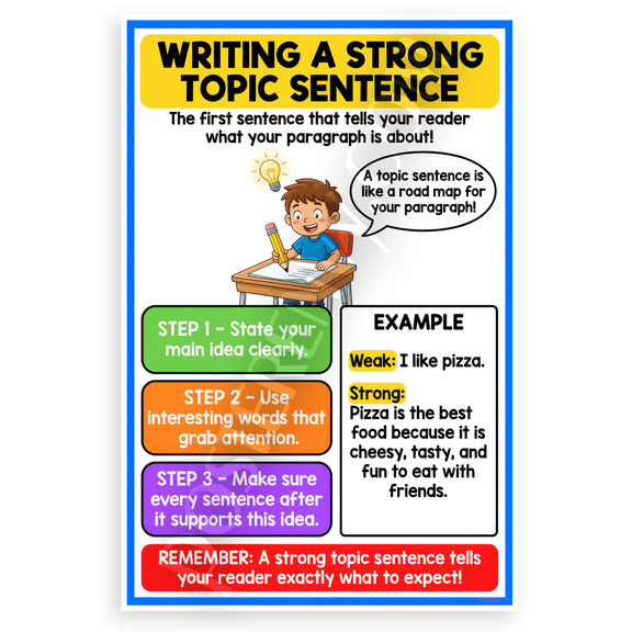 Writing a Strong Topic Sentence Educational Steps 12x18 US Made Poster