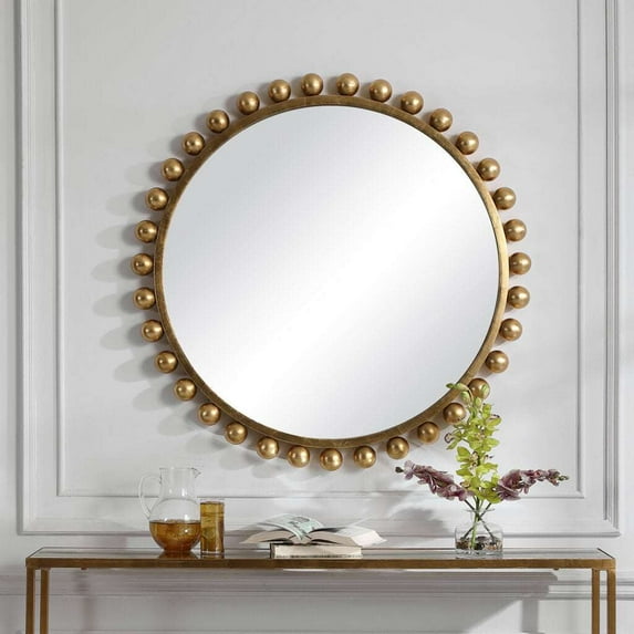 Writings on the Wall Pearl Necklace Wall Mirror, Handmade, for Home, Kitchen, Living Room & Office, Gold, 2 feet, Wall Mount, Round