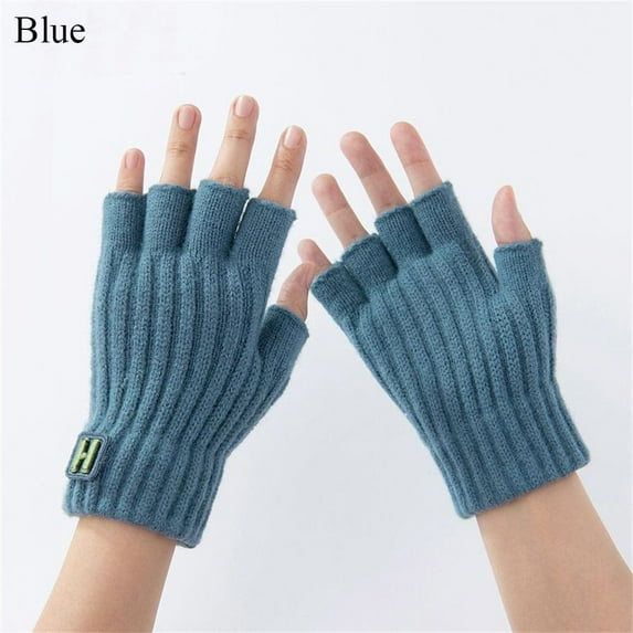 Writting Office Winter Cold Proof Windproof Thick Knitted Driving Gloves Short Mittens Fingerless Gloves Half Finger Gloves BLUE