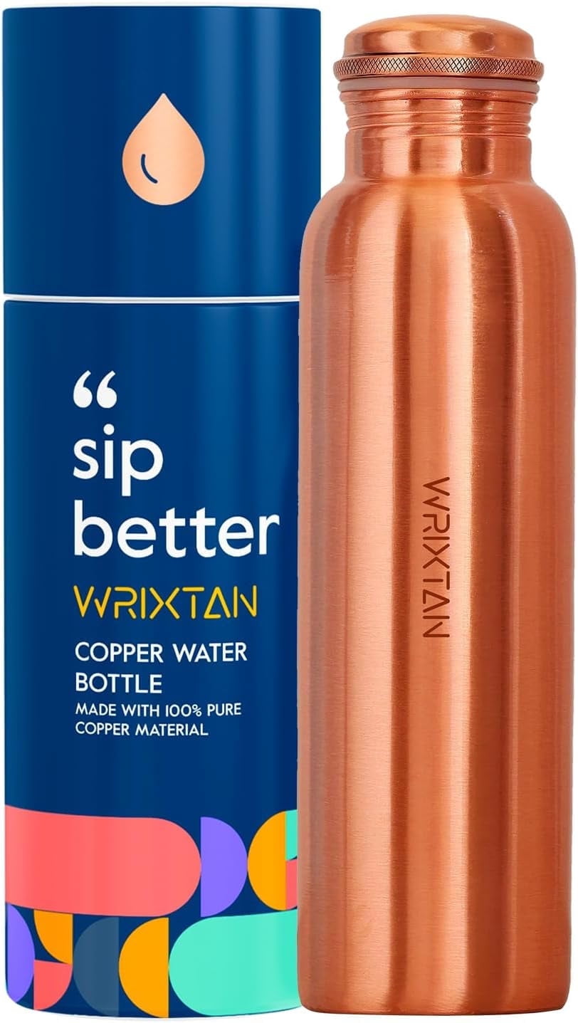 Wrixtan Plain Classic Copper Water Bottle, 1000ml (1 Liter) – Pure Copper, Leak-Proof Lid, Smooth Finish, Reusable & Durable for Daily Hydration