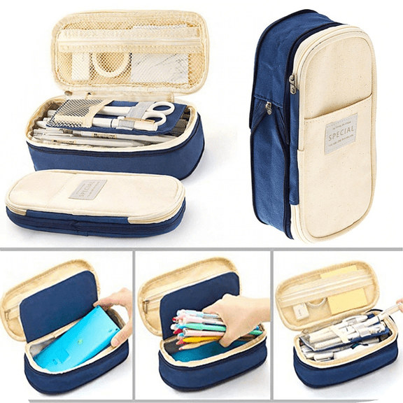 Back To School Supplies,Wrjufa Large Capacity Zipper Pencil Case Pen Pouch Bag,Office Student Canvas Stationery Pencil Pouch College School Supplies for Student Teen Navy