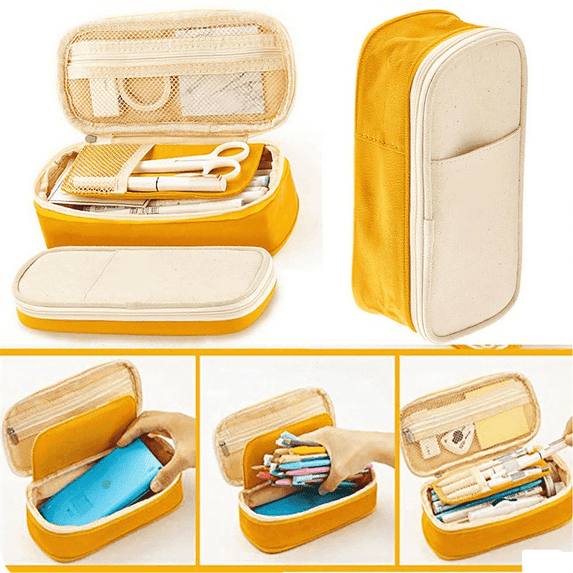 Wrjufa Large Capacity Zipper Pencil Case Pen Pouch Bag Office Student Canvas Stationery Yellow Pencil Case Pouch