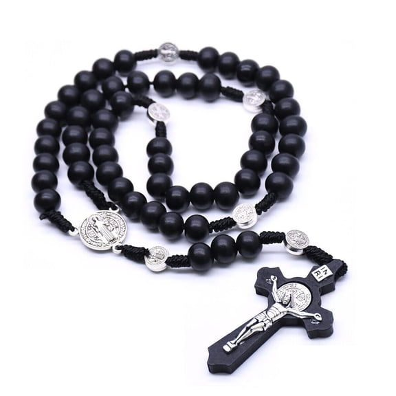 Wrjufa St Benedict Black Wood Rosary,Natural Wooden Bead Beads Black