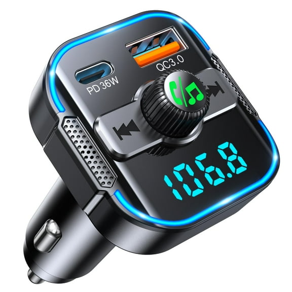 Wrong Duck 2-in-1 Bluetooth Adapter Car & Fast Car Charger【PD 36W+QC3.0 18W】, FM Bluetooth Transmitter with Dual Stronger Mics, Wireless FM Radio Adapter Hands-Free Calling