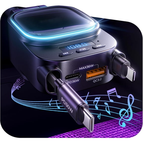 Wrong Duck Bluetooth 5.3 FM Transmitter Car Adapter 96W 4-in-1 Retractable Car Charger, PD36W Fast Charging, HiFi Audio, Hands-Free Calling, Dual Built-in Cables