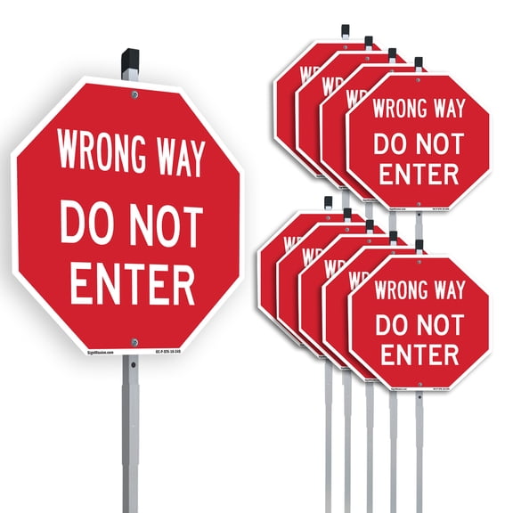 Wrong Way Do Not Enter (10 Pack) 10 inch X 10 inch Octagon Aluminum Metal Signs with Aluminum Mounting Stakes Weather Resistant UV Protected for Workplace Private Property and