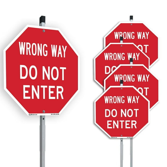 Wrong Way Do Not Enter (5 Pack) 10 inch X 10 inch Octagon Aluminum Metal Signs with Aluminum Mounting Stakes Weather Resistant UV Protected for Workplace Private Property and
