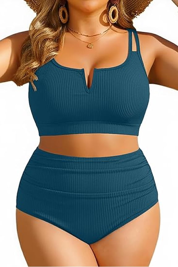 WrongDuck Women Plus Size High Waisted Bikini - Ribbed Two Piece Swimsuit Tummy Control Bathing Suit V-Wired 2026 Swimwear