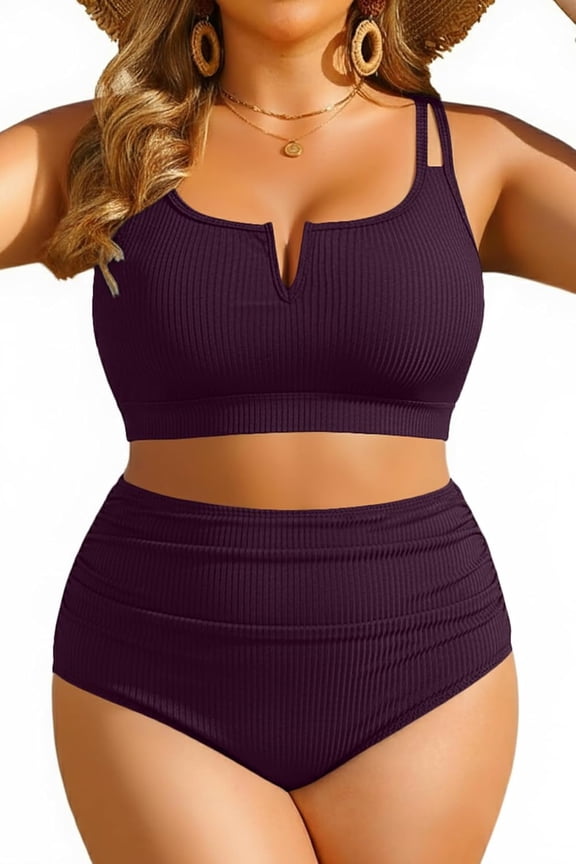 WrongDuck Women Plus Size High Waisted Bikini - Ribbed Two Piece Swimsuit Tummy Control Bathing Suit V-Wired 2026 Swimwear