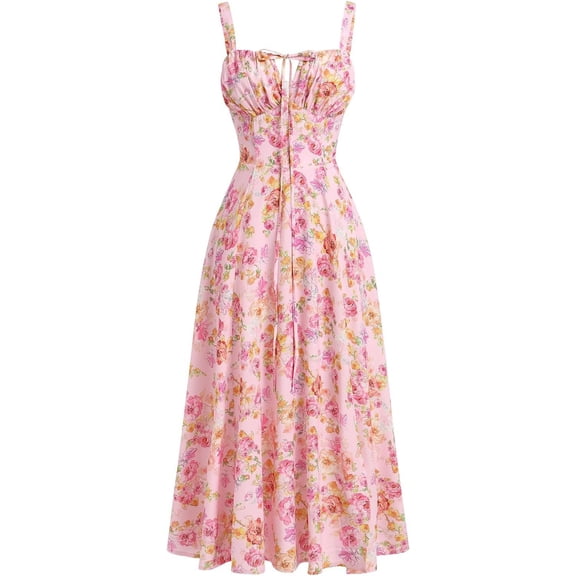 WrongDuck Women's Floral Corset Dress Formal Cocktail Dresses Going Out Casual Sundress Split Thigh Spaghetti Strap Vintage Dress