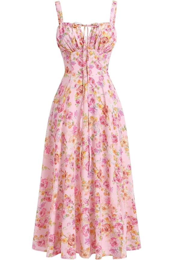 WrongDuck Women's Floral Corset Dress Formal Cocktail Dresses Going Out Casual Sundress Split Thigh Spaghetti Strap Vintage Dress