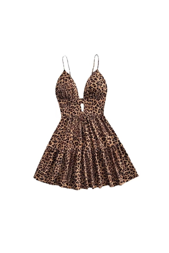 WrongDuck Women's Leopard Print Halter Dress Tie Backless Tiered Ruffle Shirred Mini Dresses